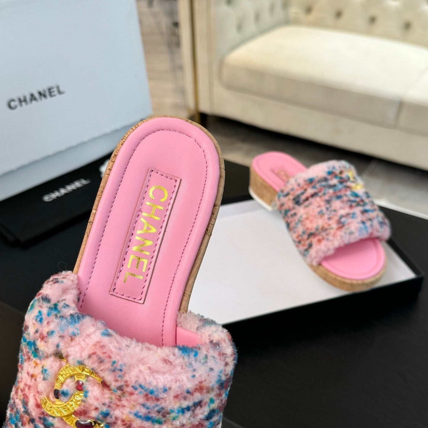 CC Slippers Pink Mix Blue Red Wool And Calfskin