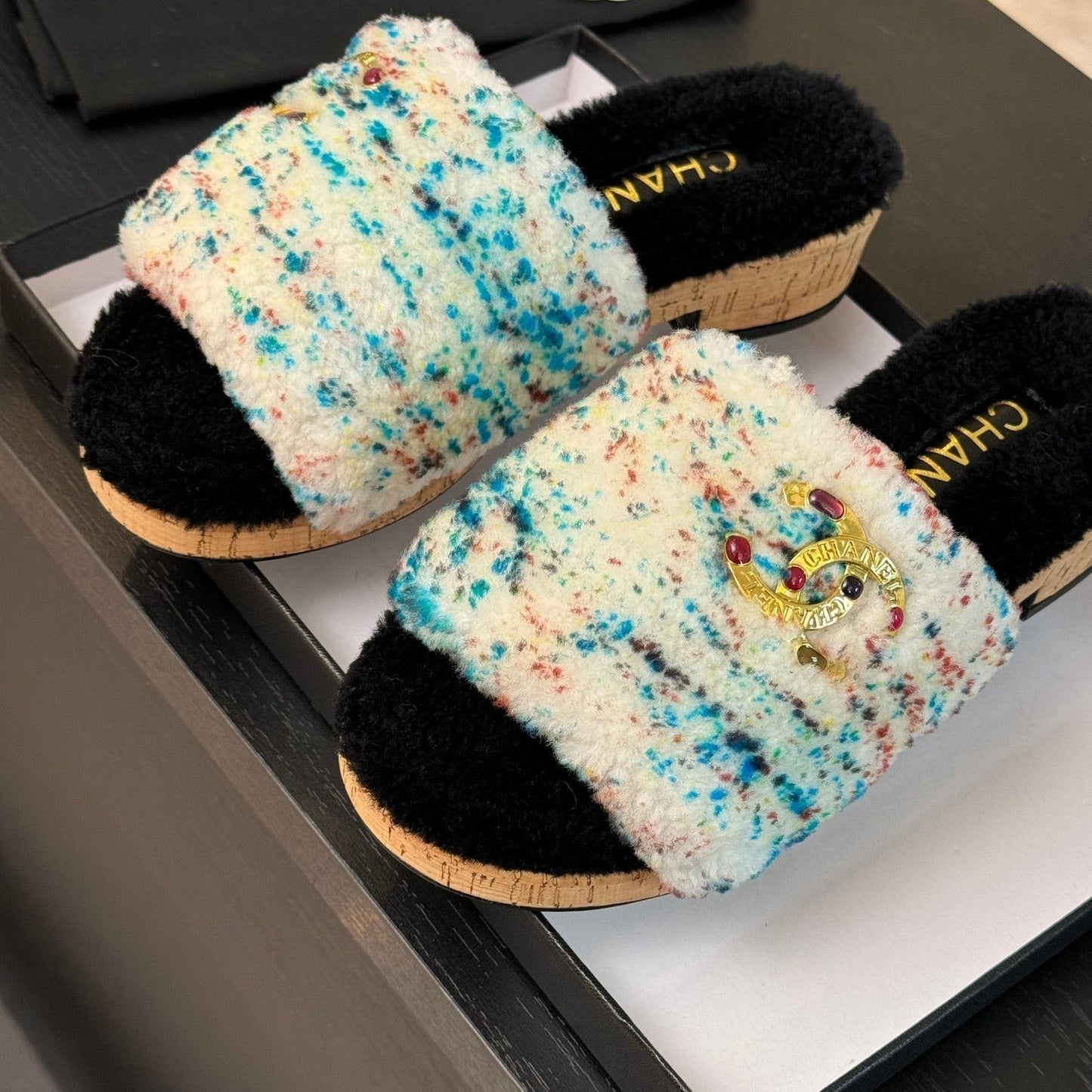 CC Slippers White Black Mix Blue Red Fleece Wool