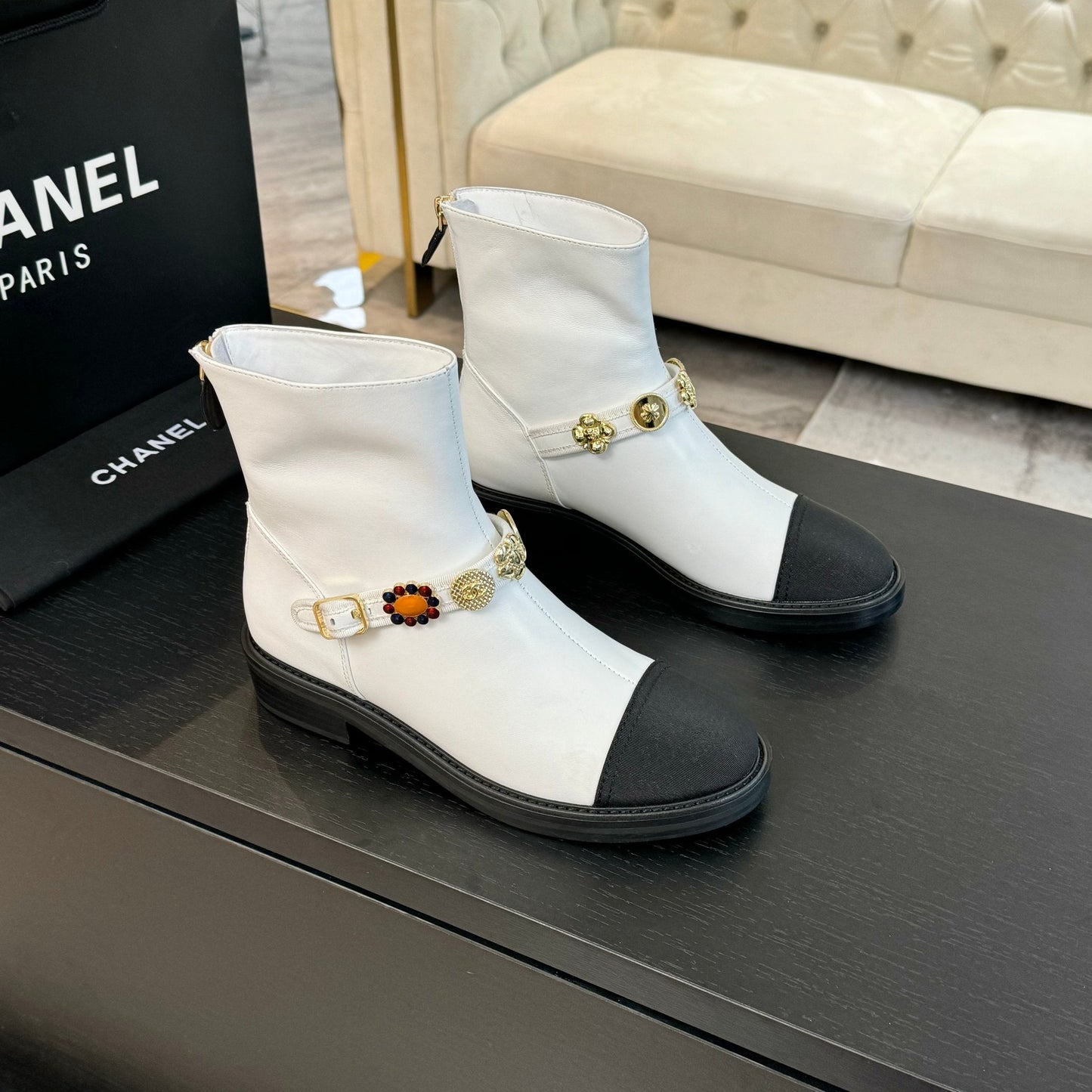 CC Short boots White Cowhide Mix Fabric Denim