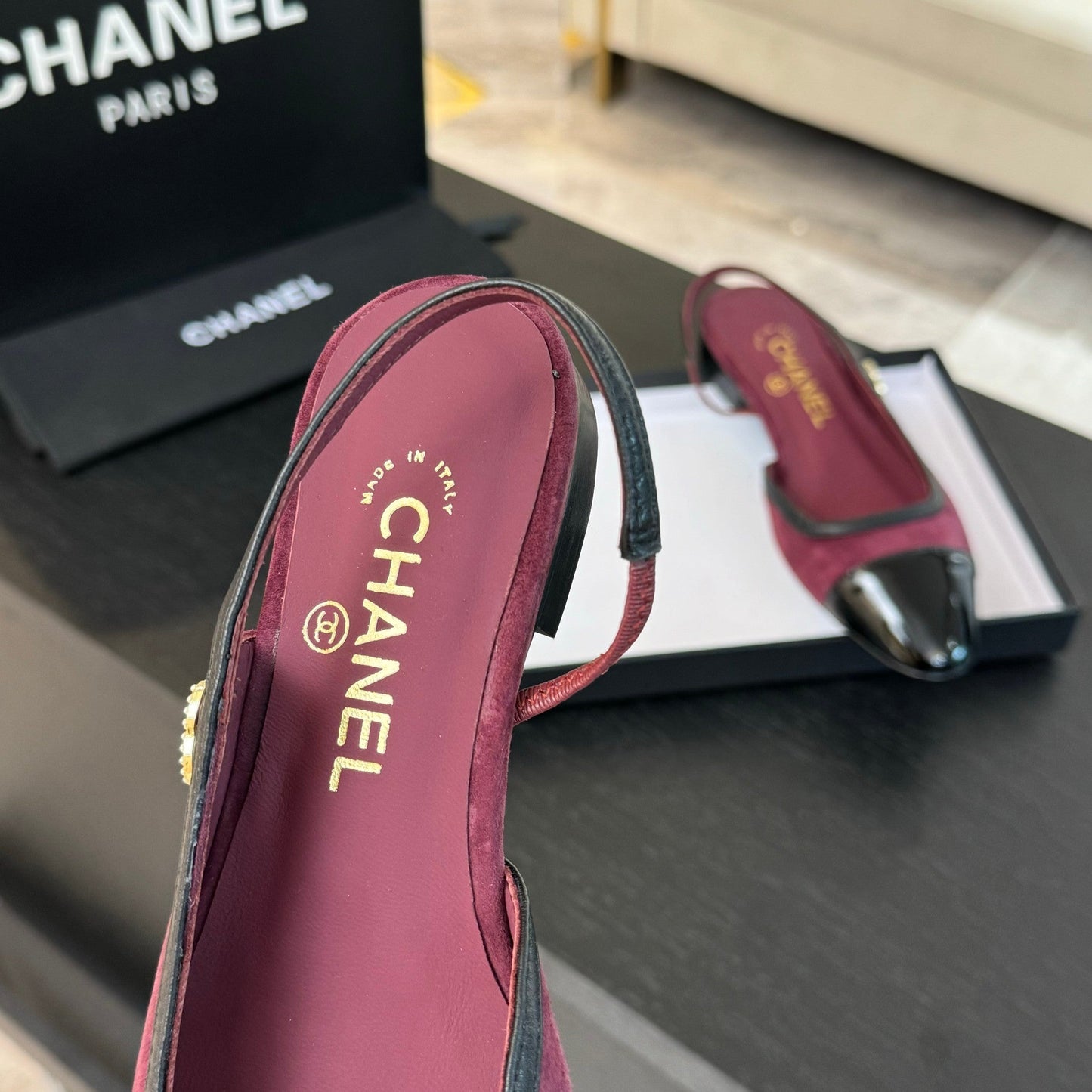 CC Slingback Black Dark Red Suede