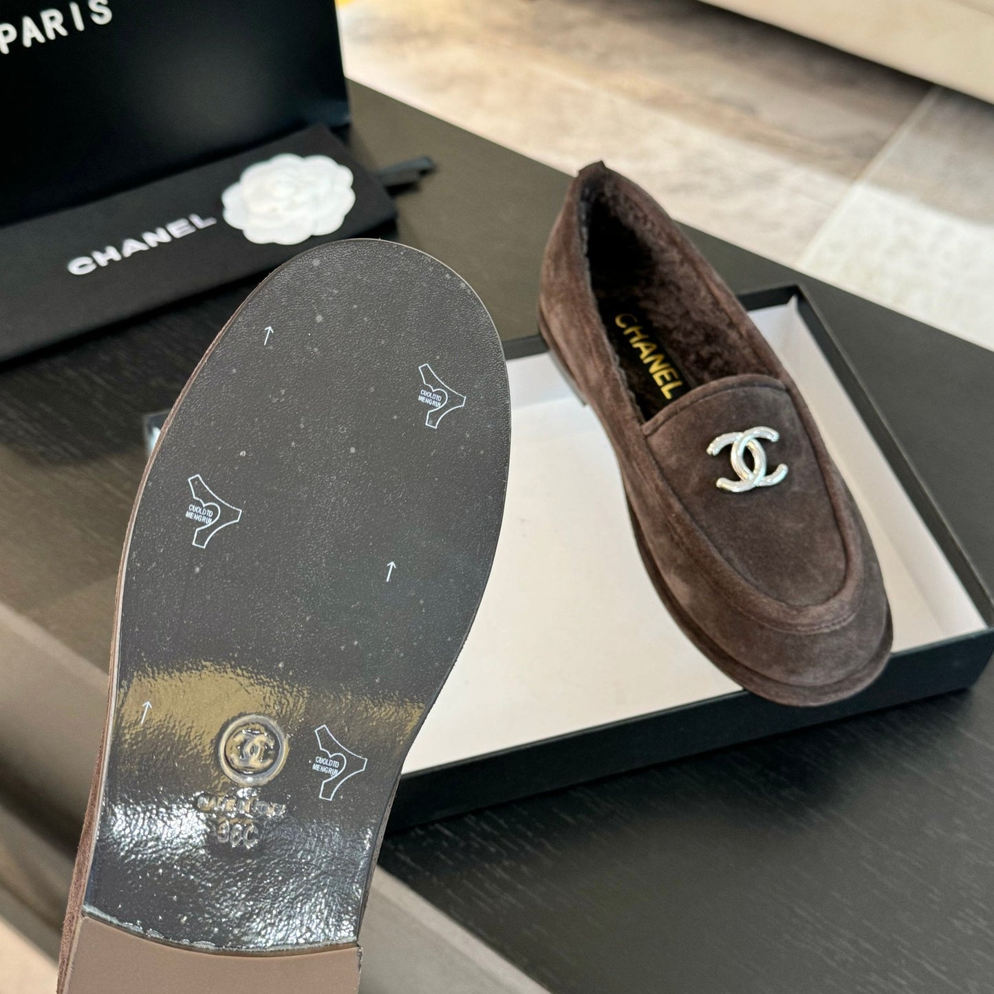 CC Moccasins Gray Brown Suede And Wool