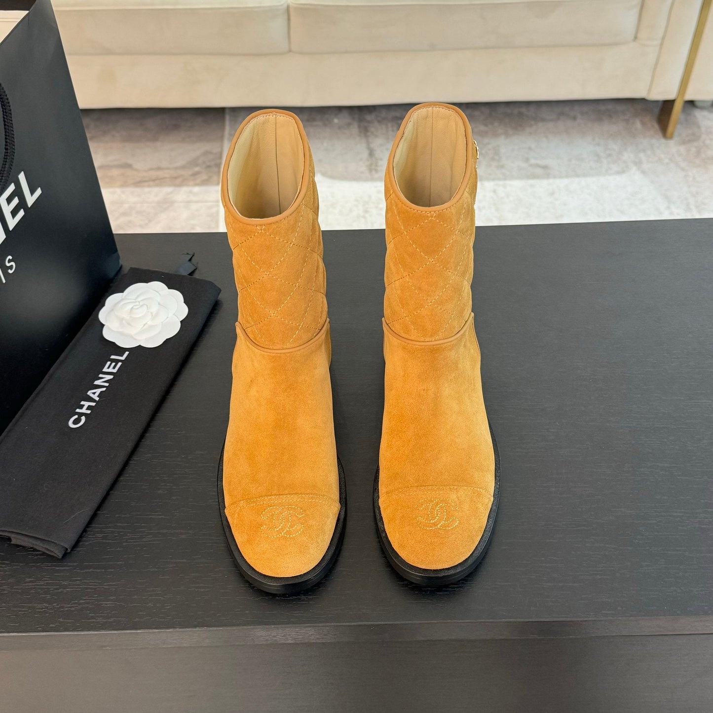 CC Ankle Boots 30mm Dark Yellow Suede Quilted