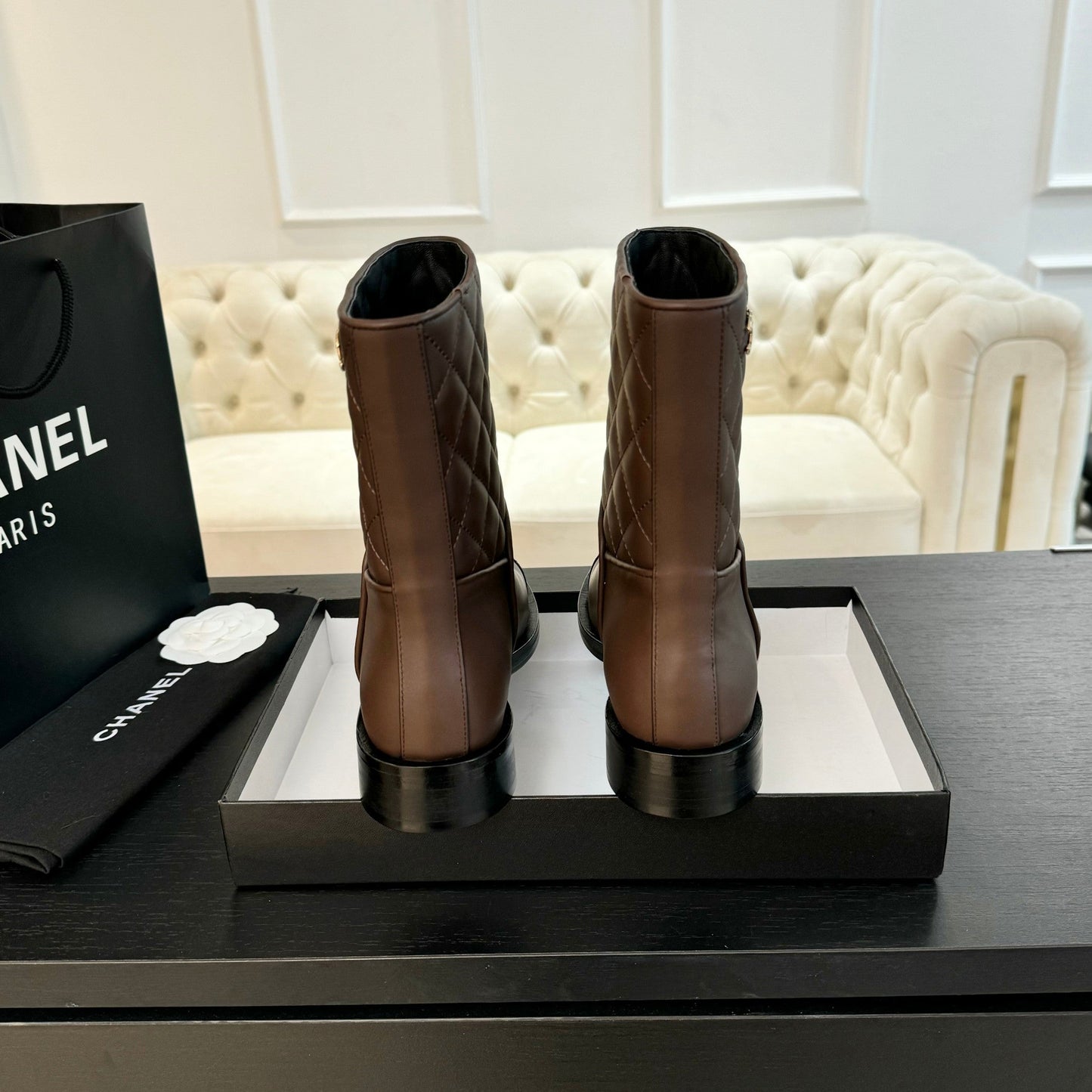 CC Ankle Boots 30mm Earth Brown Calfskin Quilted