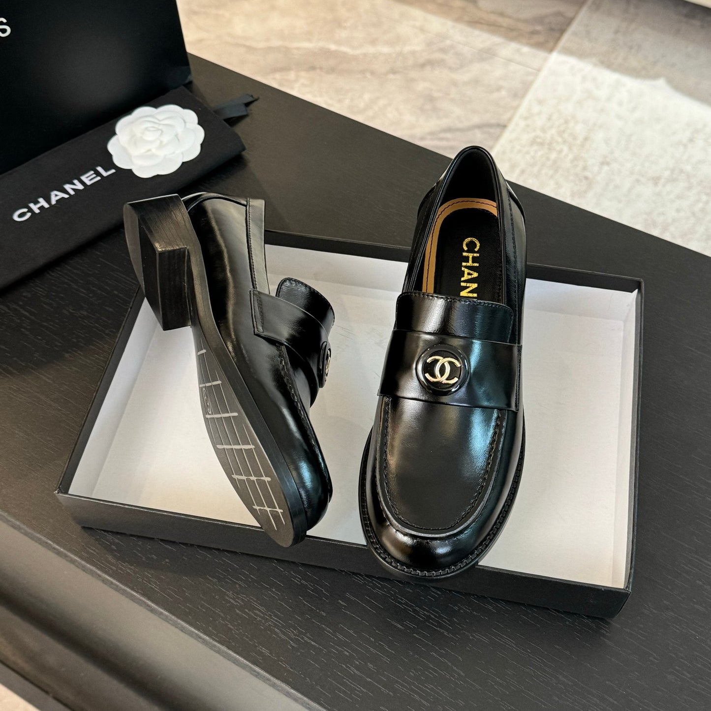 CC Moccasins Glossy Black Cowhide