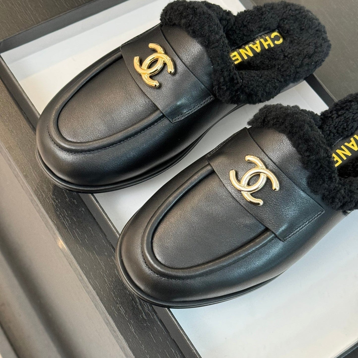 CC Mule Black Calfskin Lamb Wool