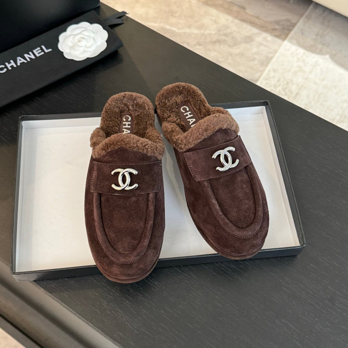 CC Mule Chocolate Suede Lamb Wool