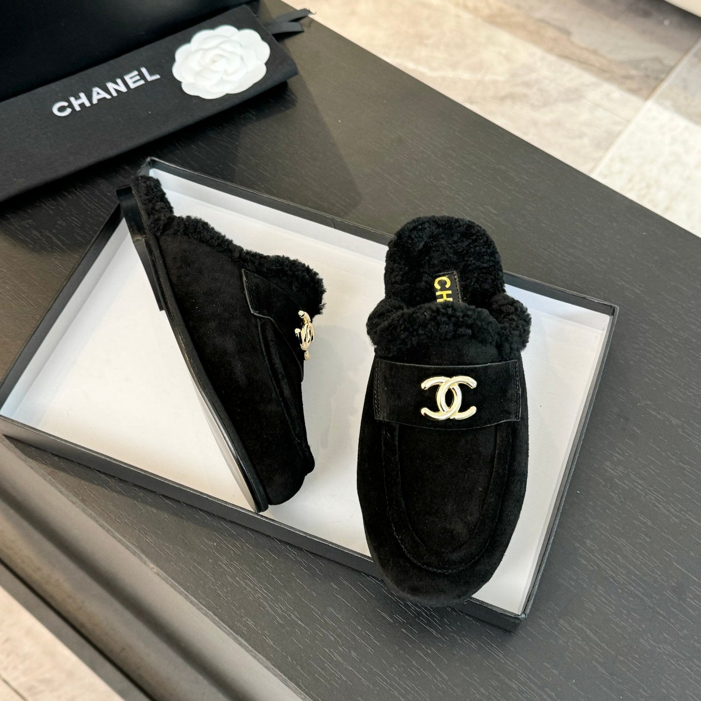 CC Mule Black Suede Lamb Wool