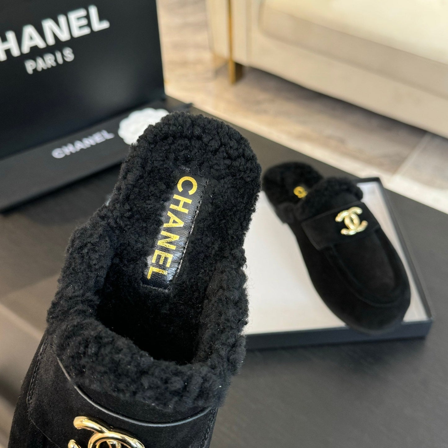 CC Mule Black Suede Lamb Wool