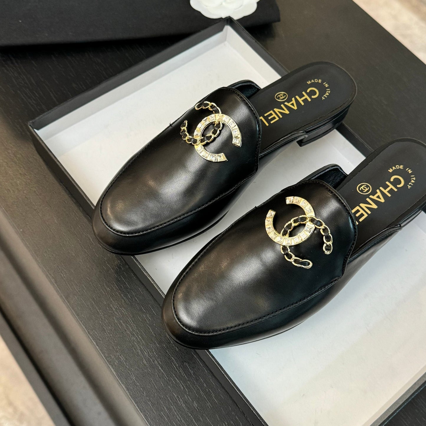 CC Mule Black Calfskin Double C Diamond
