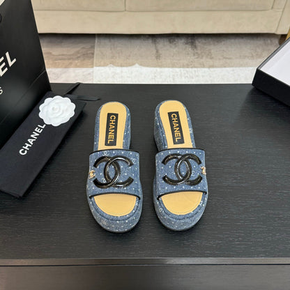 CC 25C Platform Slide Sandals Navy Blue Fabric 213158