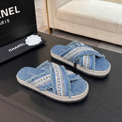 CC 25C Thick-Soled Slipper In Black Denim Steel Blue Fabric 213232
