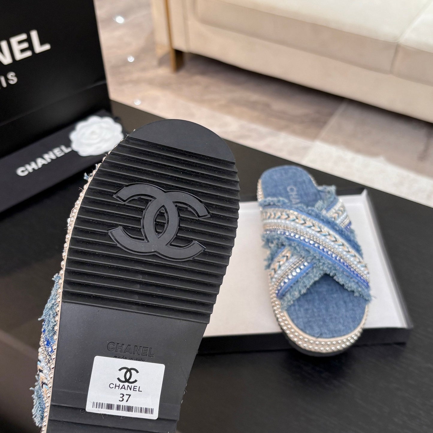 CC 25C Thick-Soled Slipper In Black Denim Steel Blue Fabric 213232