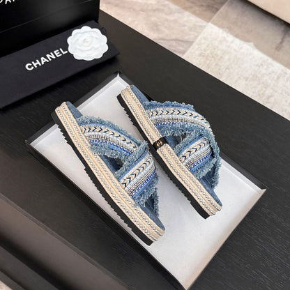 CC 25C Thick-Soled Slipper In Black Denim Steel Blue Fabric 213232