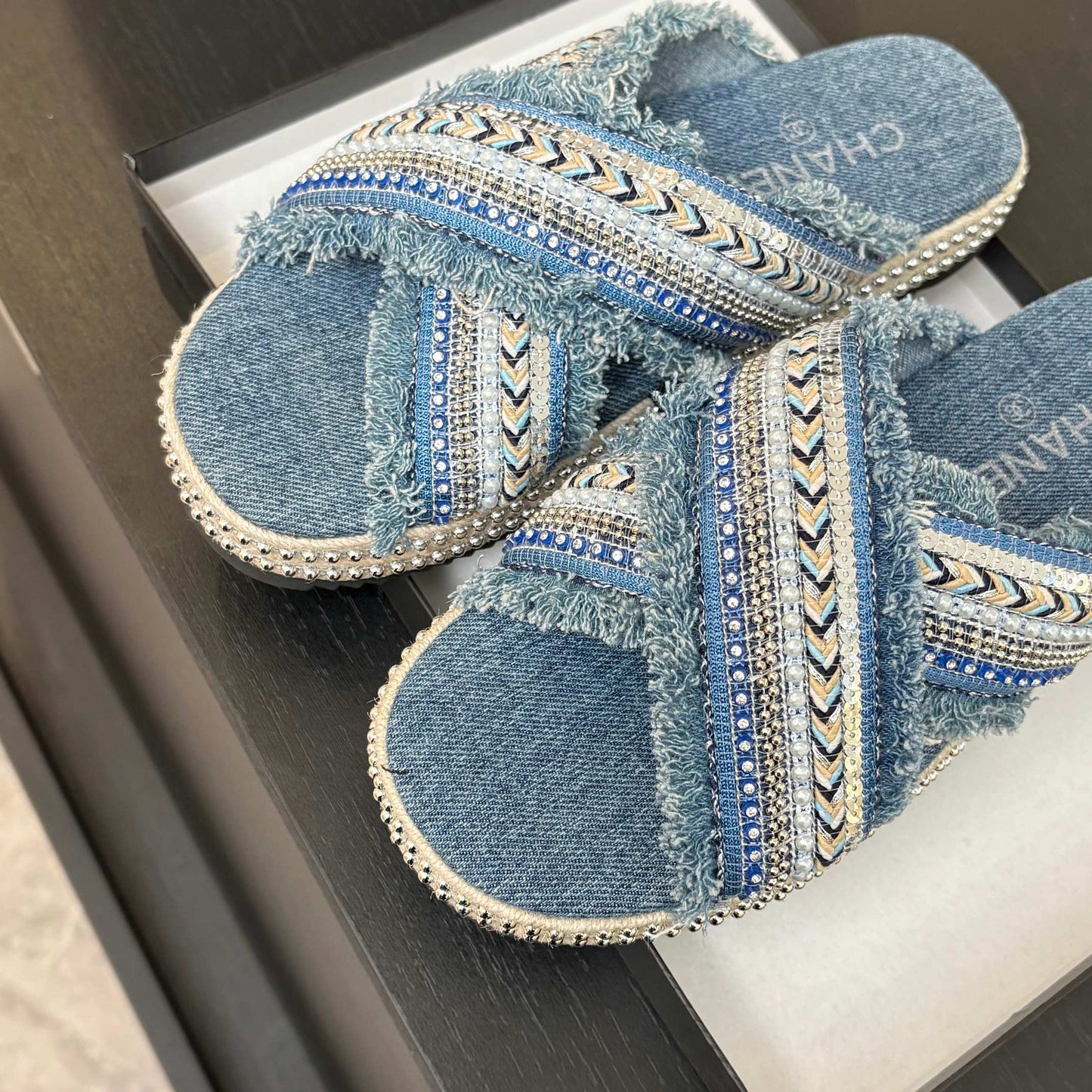 CC 25C Thick-Soled Slipper In Black Denim Steel Blue Fabric 213232