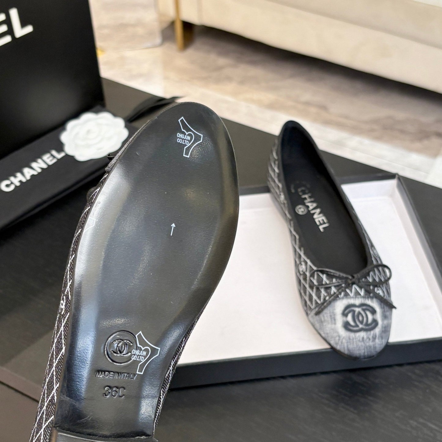 CC 25 Ballet Flat Black Grey Quilted Denim