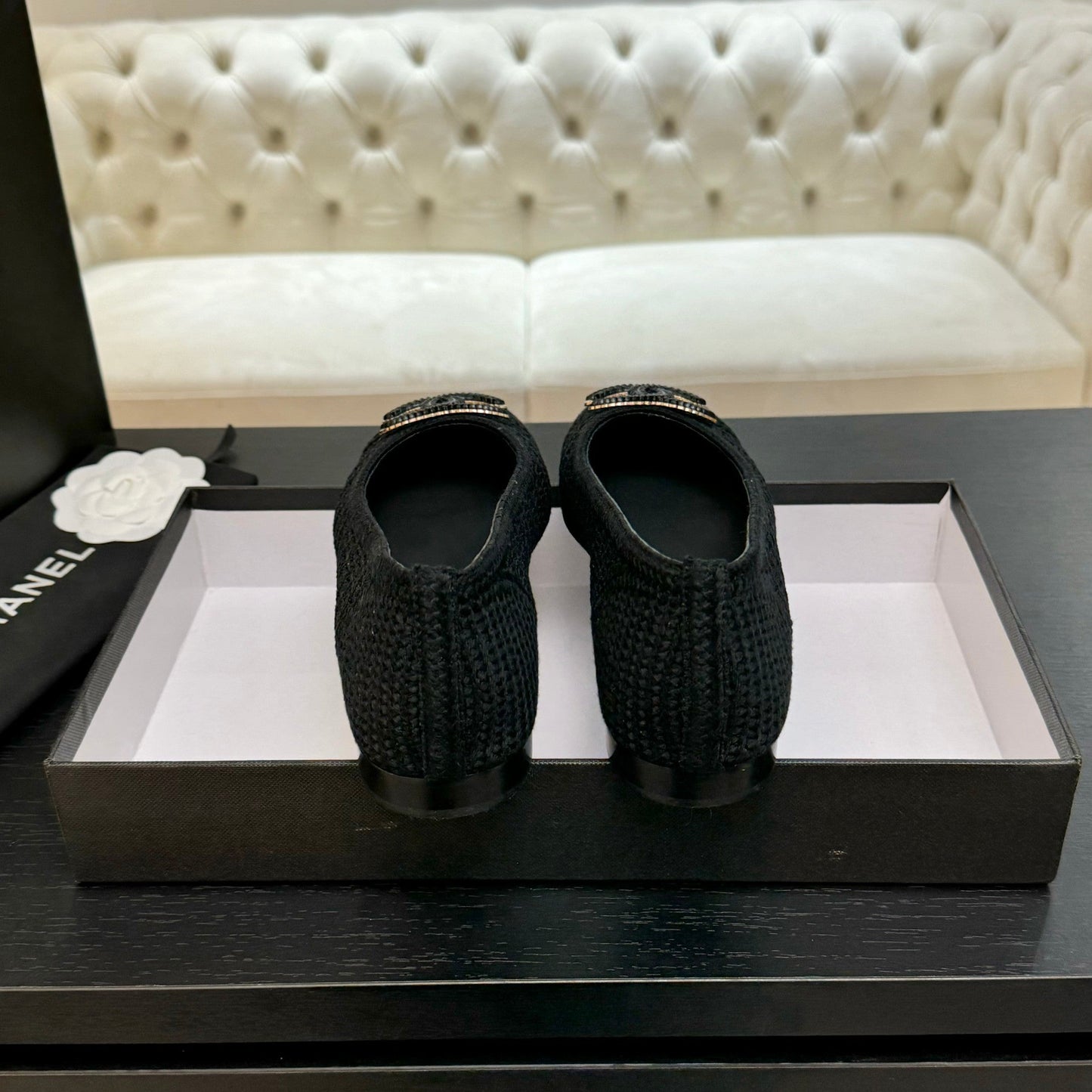 CC 25P Ballet Flat Black Raffia Large Logo