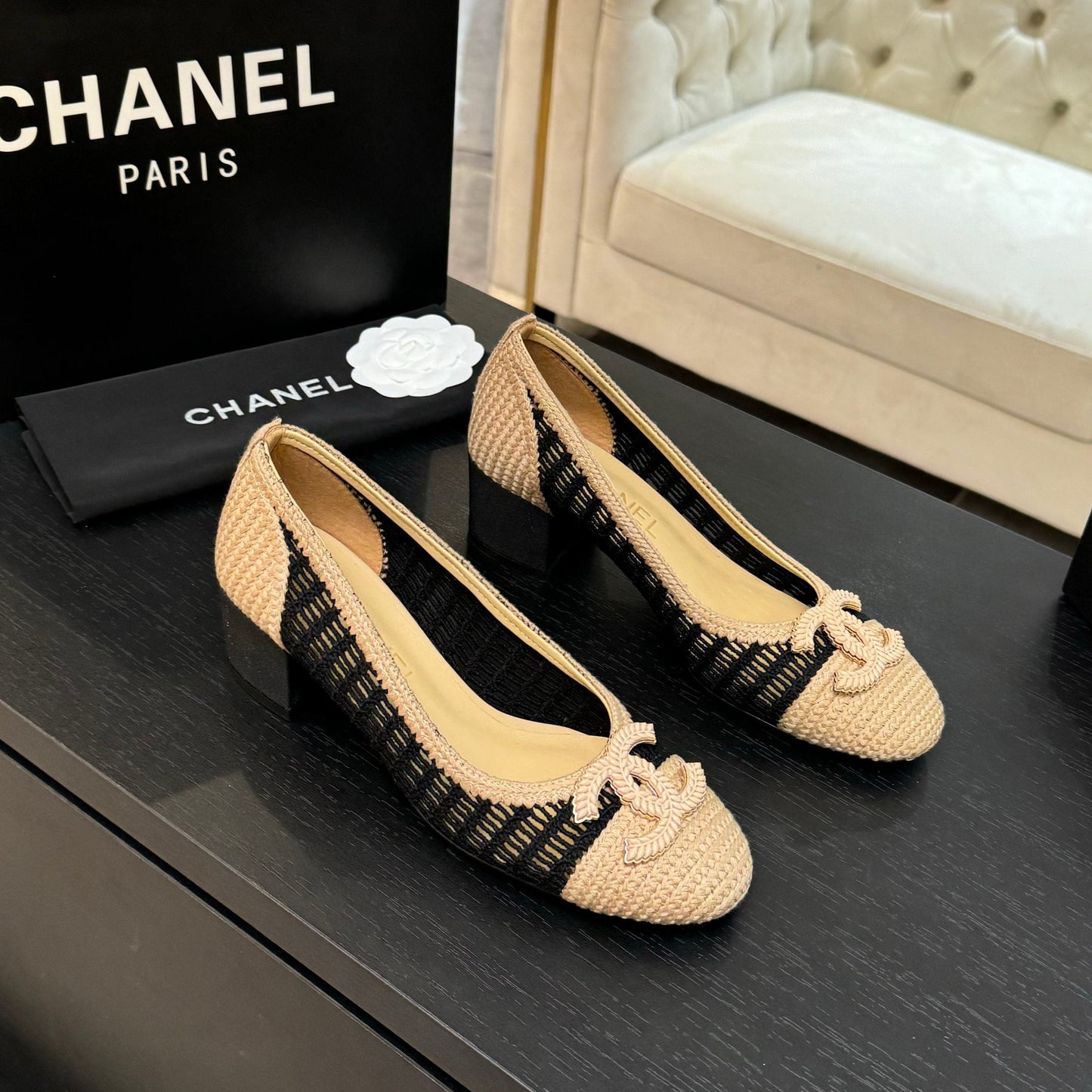 CC 25P Ballet Heel 50mm Black Beige Raffia Large Logo