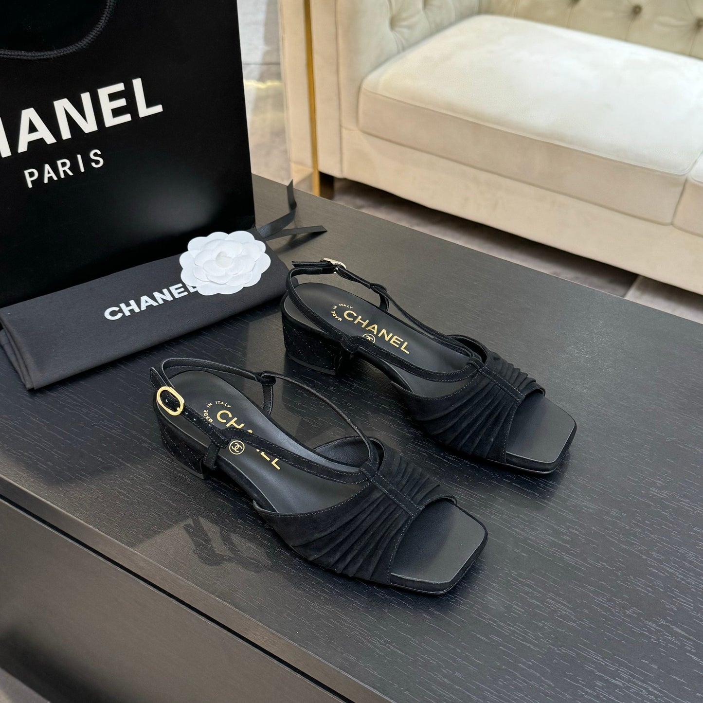 CC 25S Sandal Heel 50mm Black Suede Kidskin
