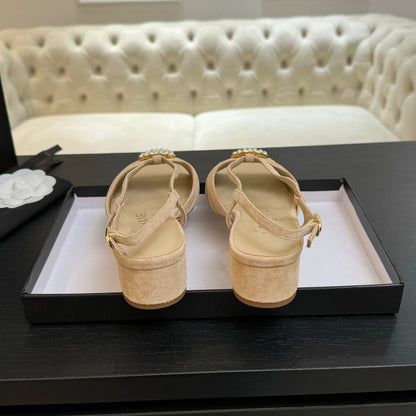 CC 25S Sandal Heel 50mm Beige Suede Kidskin Pearl Logo
