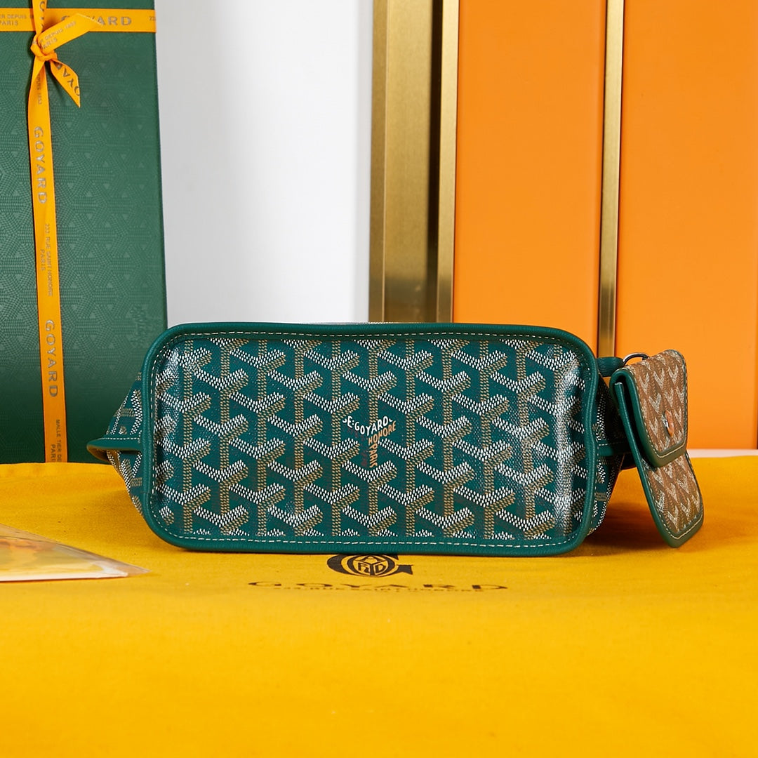 ANJOU MINI BAG 20 IN GREEN GOYARDINE CANVAS AND CALFSKIN WITH CARTOON PATCH