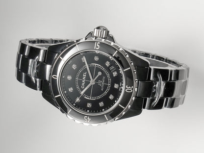 J12 Date Automatic Black Ceramic Diamond Numerals Black Dial White Steel Hands