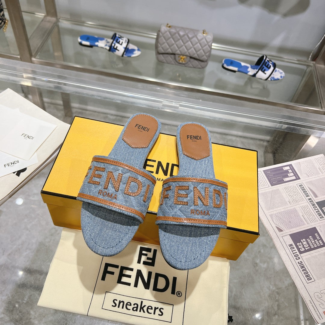 FF Women Signature Slides Tan Denim Canvas Slide