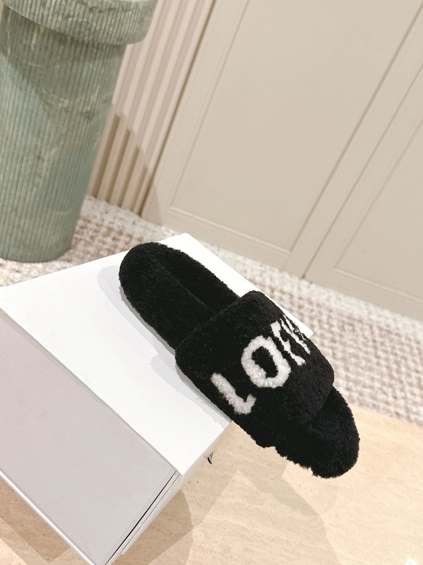 Loewe 2025 Fur Slipper Black White Wool 556016