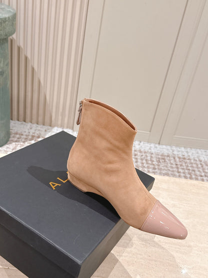Alaia 2025 Ankle Boot With Patent Leather Cap Toe Tan Nude Suede 556087