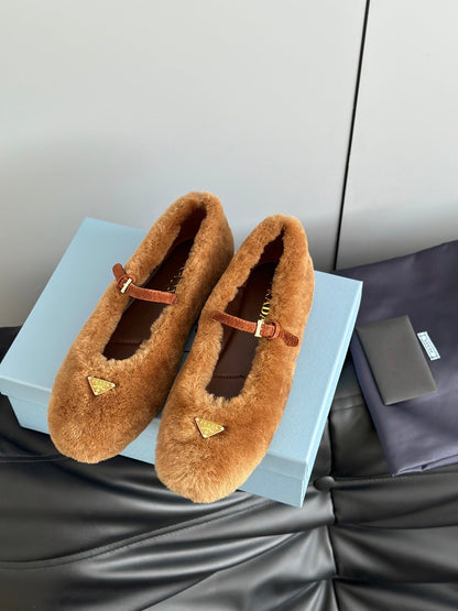 Prada 25s Mary Jane Ballet Flats Caramel Brown Wool 538455
