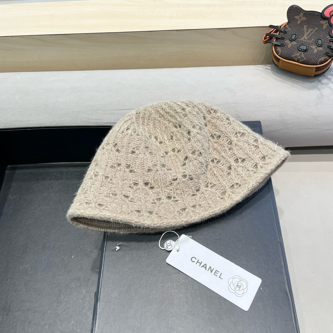 BUCKET HAT KHAKI BROWN KNITTED FABRIC WITH RABBIT FUR 428091