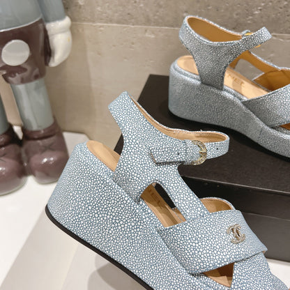 Wedge Open-Toe High Heel Sandals Saphire Blue Sheepskin
