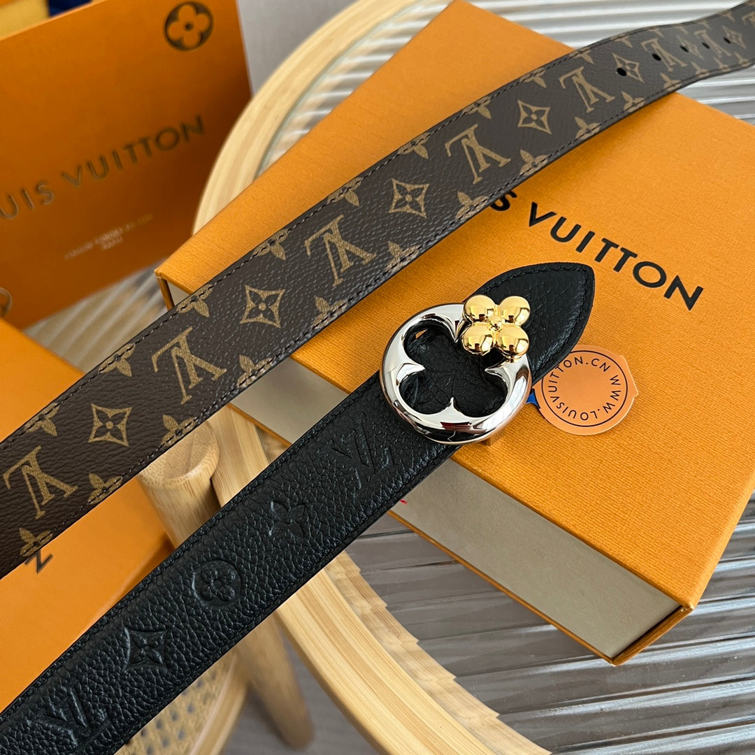 LV Flowergram Round 30mm Reversible Belt Black Brown Empreinte Calfskin