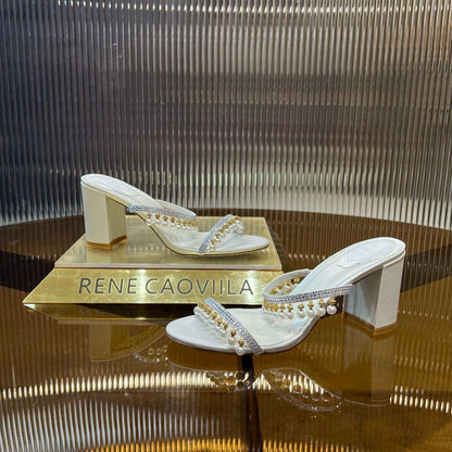 RC Gold Buckle Pearl Crystal Lamp Pendant Sandals 7.5 White Sheepskin 175000