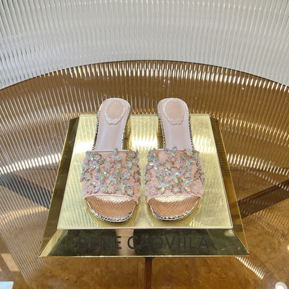 RC 25 Butterfly Flower Rhinestone Satin Sandals Pink Sheepskin 242920