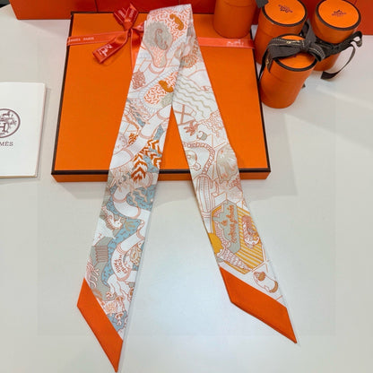 HM Twilly Mini Scarf 86CM Beige Orange Colorful Mulberry Silk 957047