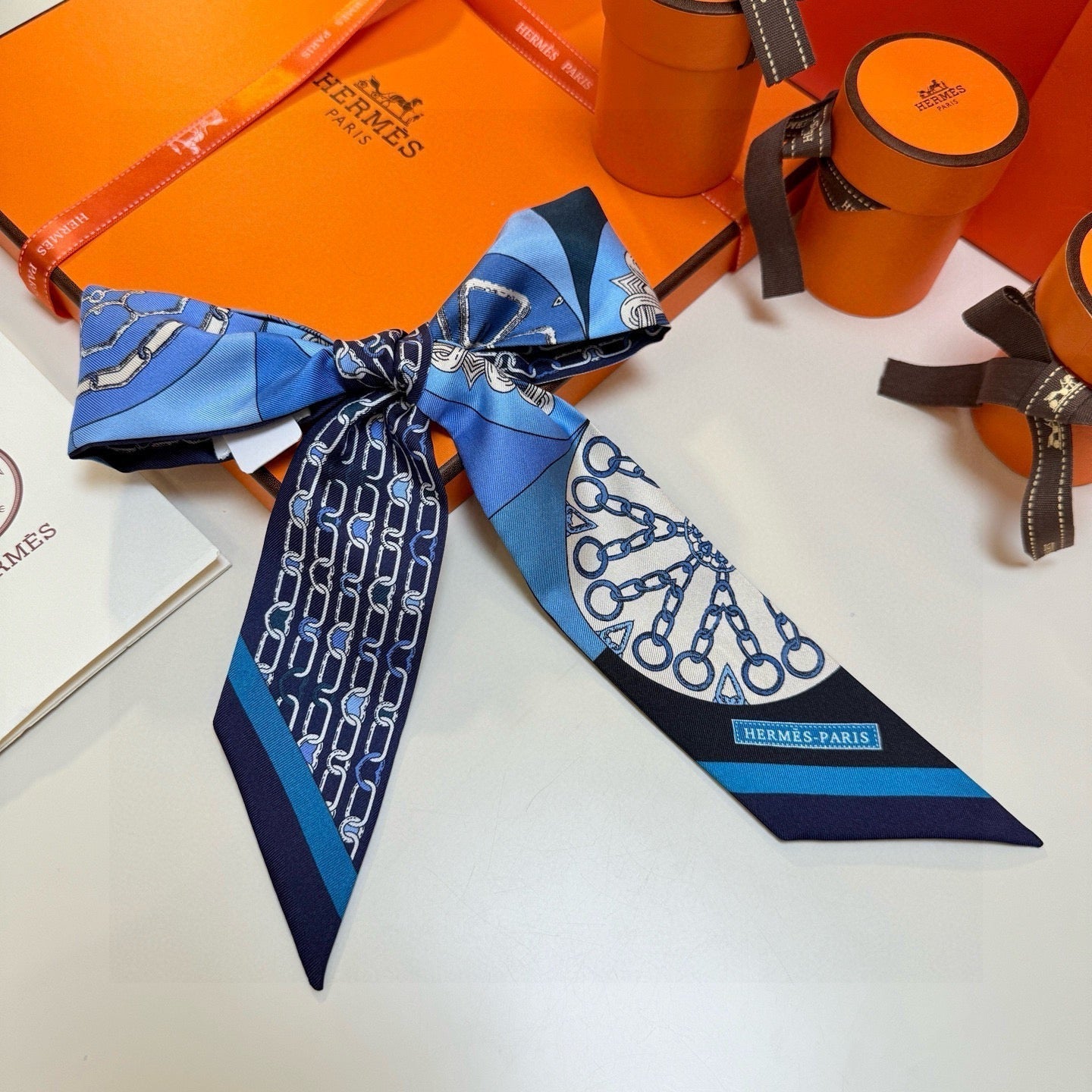 HM Twilly Mini Scarf 86CM Blue Black Mulberry Silk 967454