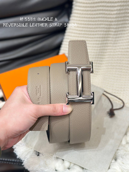 HM 5382 BELT SILVER BUCKLE & REVERSIBLE CAMEL BROWN LEATHER STRAP 38MM