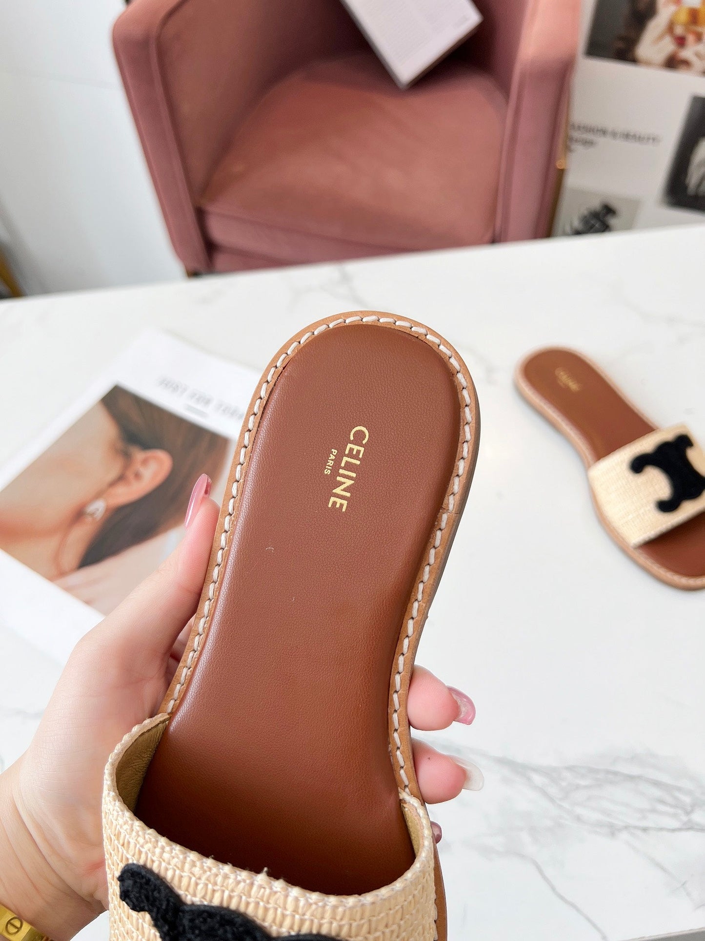Celine 25C Slippers Beige mix Black Fabric with Calfskin 238156