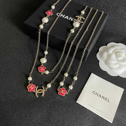 CC Flower Vintage Red Pearl Gold Necklaces