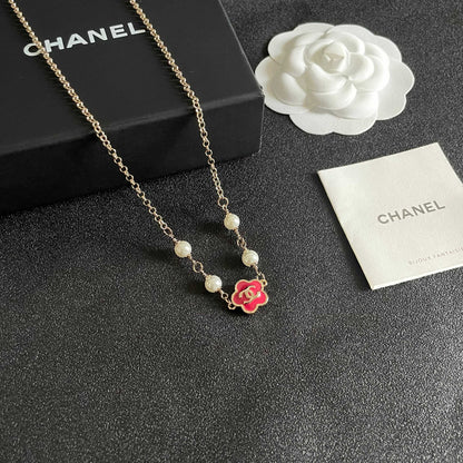 CC Flower Vintage Red Pearl Gold Necklaces