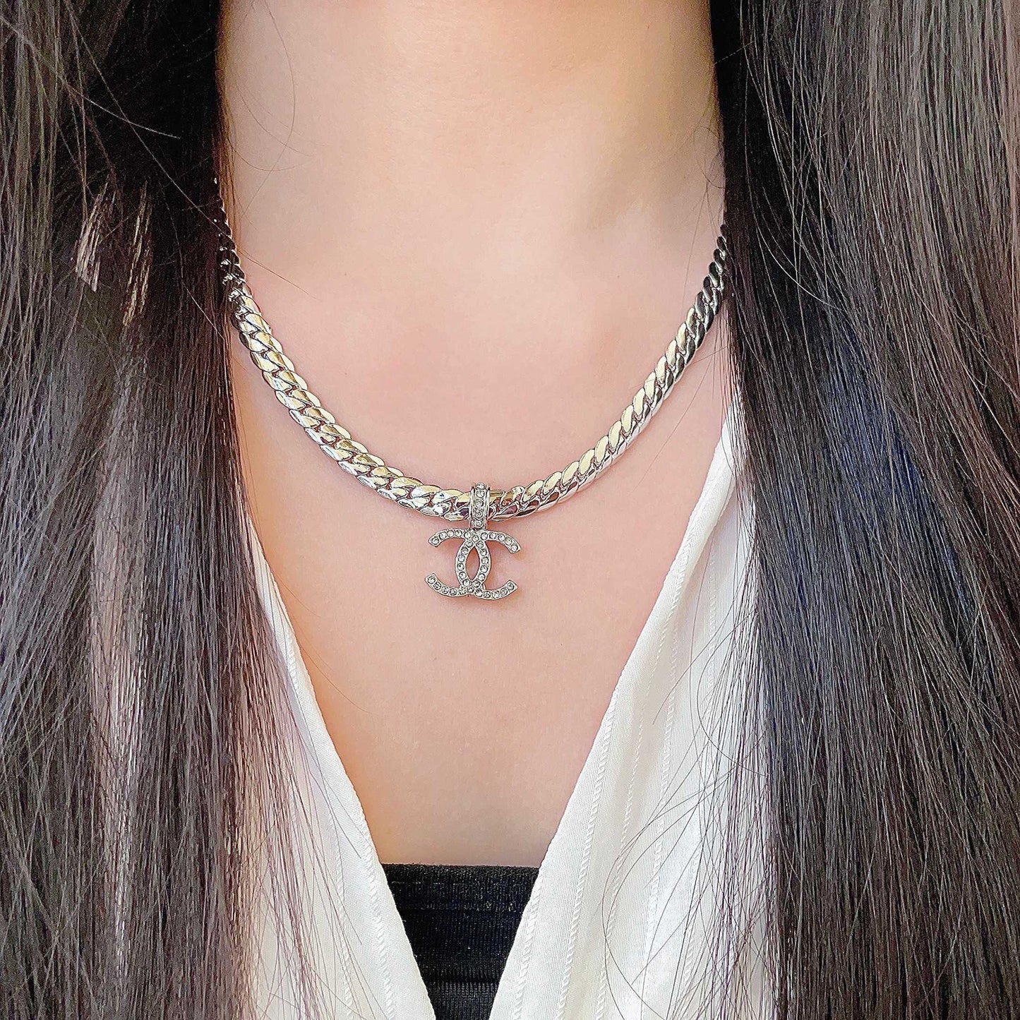 CC Plated Curb Chain Sliver Diamond Necklace