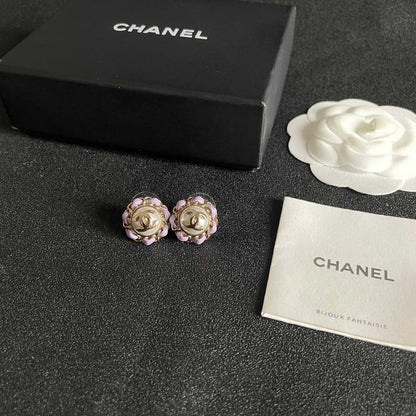 CC Pendant Double C Purple Pearl Gold Earrings