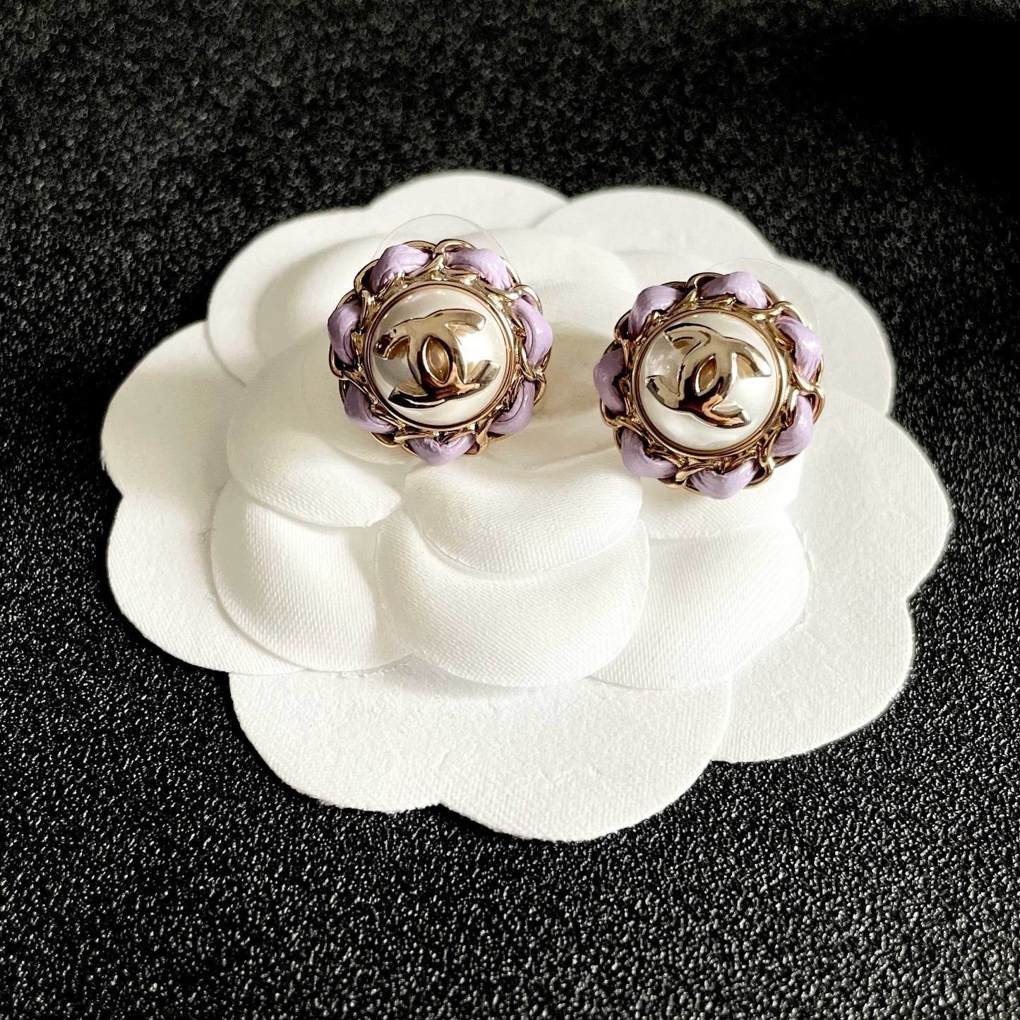 CC Pendant Double C Purple Pearl Gold Earrings