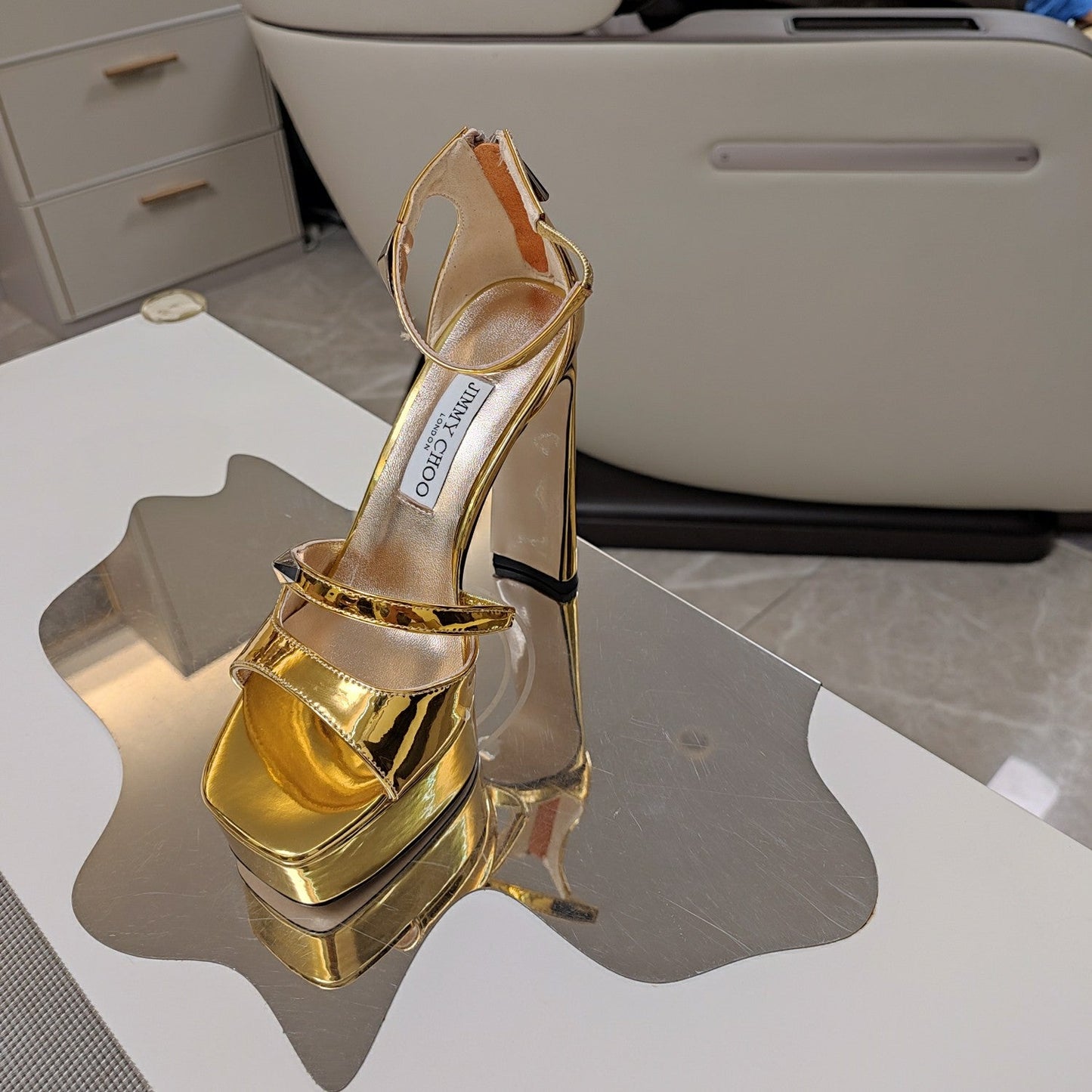 Jimmy 25 Platform Sandal Heels Gold Mirror TPU Material 240010