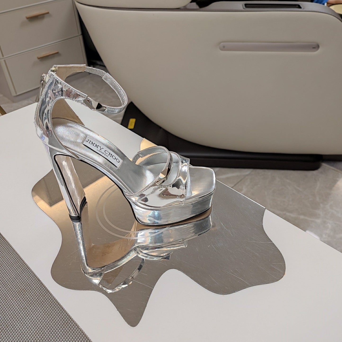 Jimmy 25 Platform Sandal Heels Silver Mirror TPU Material 240008
