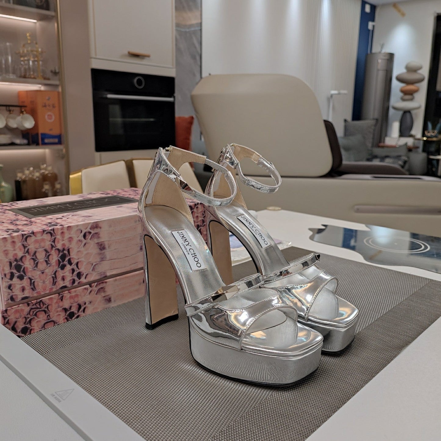 Jimmy 25 Platform Sandal Heels Silver Mirror TPU Material 240008