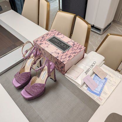 Jimmy 25 Platform Sandal Heels Lilac Purple Silk Satin 240011