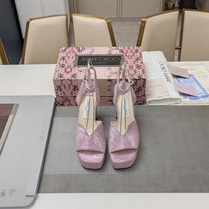 Jimmy 25 Platform Sandal Heels Lace Pink Satin Fabric 240014