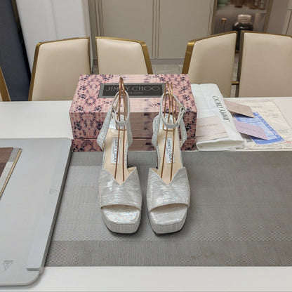 Jimmy 25 Platform Sandal Heels Silver Satin Fabric 240016