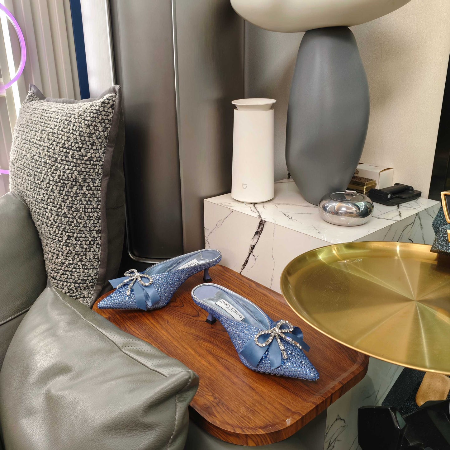 Jimmy 26s Crystal Slipper 45 Blue Silk Satin Cowhide 596342